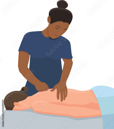 Latina woman masseur in spa massaging another woman, vector image without background