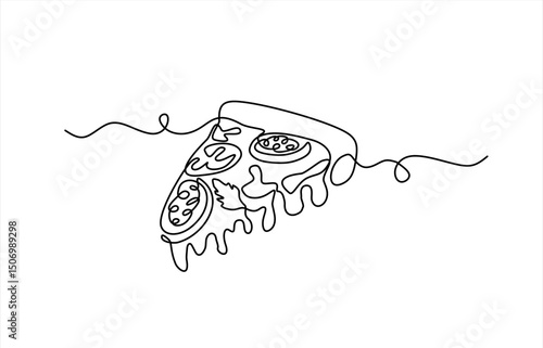 One line Drawing or illustration of slice of pizza with pepperoni and mushrooms. Editable stroke.	
