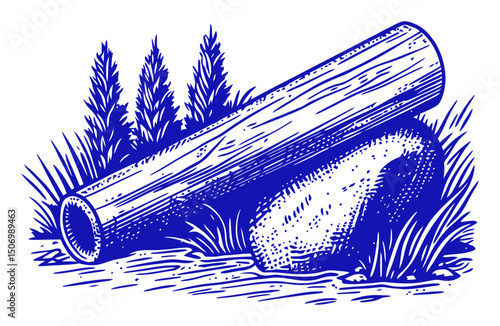 Detailed Engraving of a Log and Rock Surrounded by Natural Elements