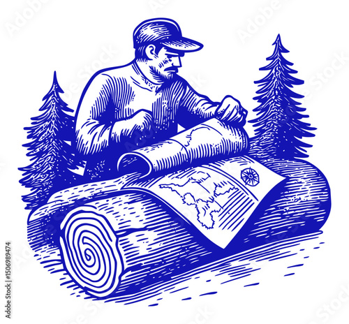 Traditional Woodworker Engraving with Forest and Map Elements