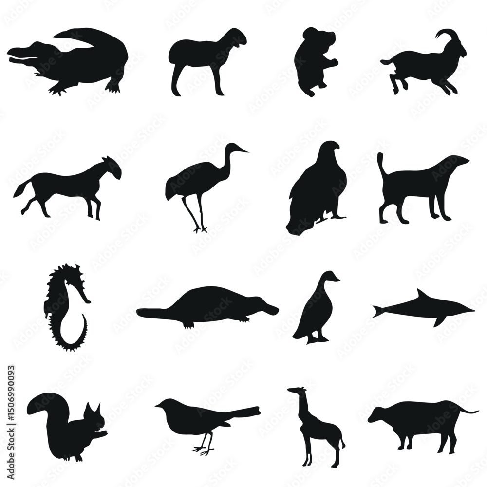 Fototapeta premium Collection of diverse animal silhouettes on a white background