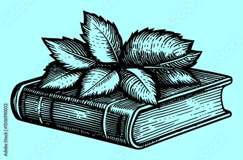 Vintage Engraving of an Open Book with Leaves on Top