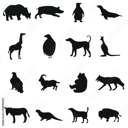 Collection of animal silhouettes on white background