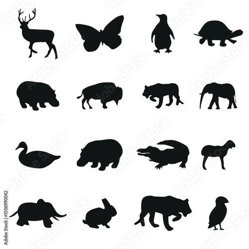 Collection of diverse animal silhouettes on a white background