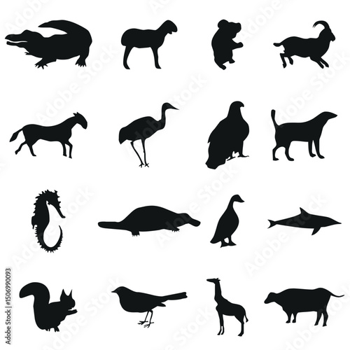 Collection of diverse animal silhouettes on a white background