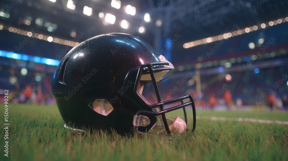 Fototapeta premium American football helmet lying on green field with cleat marks, ready for next play. Sports equipment, athletic competition, team spirit and determination in professional game.