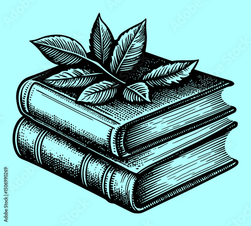 Vintage Engraving of Stack of Books with Leafy Decoration