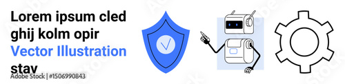 Shield with check mark, robot interacting with tech, and gear symbolizing protection, automation, and system integration. Ideal for cybersecurity, AI, technology, teamwork innovation development