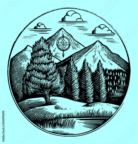 Scenic Mountain Landscape Engraving with Trees and Clouds