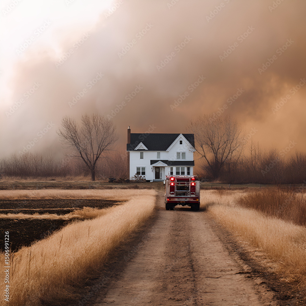 Obraz premium Forest fire approaching a rural house, thick smoke in the sky, fire truck on dirt road