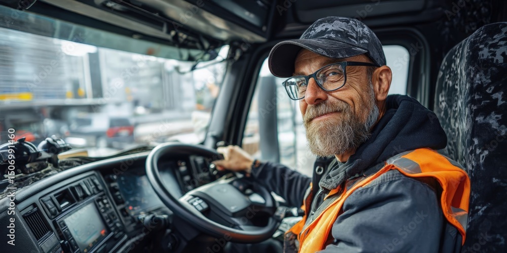 Happy Professional Truck Driver Driving and Looking at Camera Happy Professional Truck Driver Driving and Looking at Camera