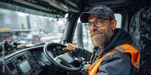 Happy Professional Truck Driver Driving and Looking at Camera