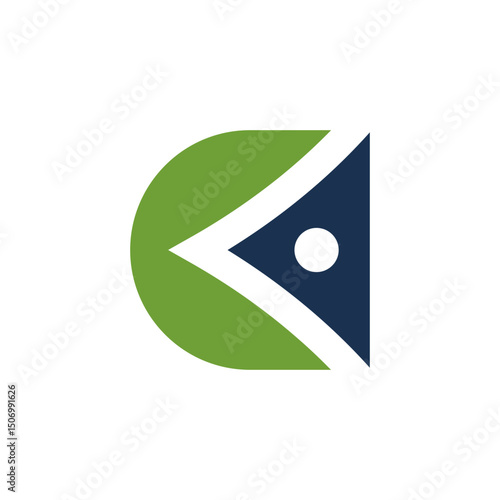 green semi-circular shape combined with a dark blue triangular element containing a white circle. The negative space forms a stylized arrow or pointing shape, suggesting direction, progress,