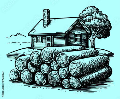 Detailed Engraving of House with Logs and Tree in Scenic Landscape