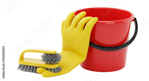 3D Cleaning Equipment with Red Bucket Yellow Glove and Scrub Brush