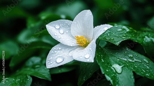 A close-up view of a delicate white flower adorned with droplets of dew, beautifully contrasting with vibrant green leaves, symbolizing freshness and nature.