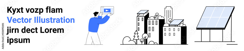 Obraz premium Person interacting with a device, urban buildings featuring solar panels, standalone solar panel. Ideal for sustainability, renewable energy, urban design, green technology, eco-friendly lifestyle