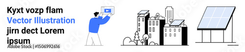 Person interacting with a device, urban buildings featuring solar panels, standalone solar panel. Ideal for sustainability, renewable energy, urban design, green technology, eco-friendly lifestyle