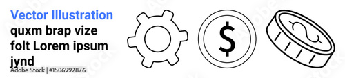 Gear for process, dollar sign for finance, and coin for currency indicate productivity, economic growth. Ideal for fintech, startups, finance apps, economy blogs, marketing websites simple landing