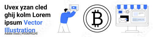 Person presenting a play button, bitcoin logo symbolizing cryptocurrency, desktop screen showing online store setup. Ideal for fintech, ecommerce, blockchain, marketing, startup, web design simple