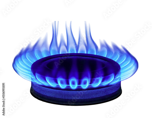 Closeup of a gas burner with vibrant blue flames against a white background.