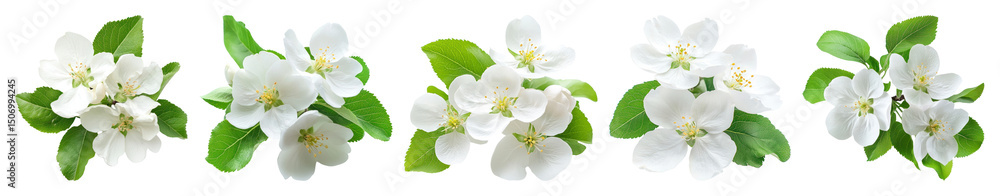 Obraz premium PNG White blossoms with green leaves, element set on transparent background