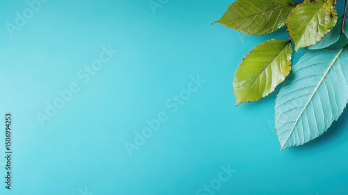 A composition of fresh green leaves set against a bright blue background, symbolizing nature's beauty and vitality while evoking feelings of peace and harmony in design.