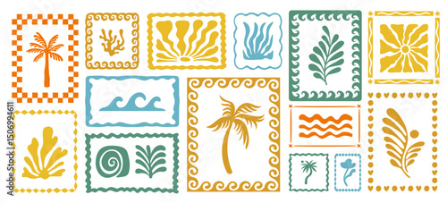 Vector hand drawn graphics, print design templates, summer and vacation theme, tropical illustrations, frames and borders in simple trendy naive cut out style with mosaic holiday floral illustrations