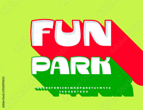 Vector Artistic banner Fun Park. Awesome Font with Big Green Shadow. Decorative 3D Alphabet Letters and Numbers set.
