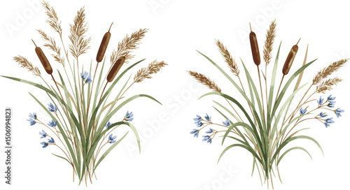 A set of isolated illustrations of wild bouquets of different herbs. Watercolor set painted in natural tones. Suitable for eco-branding, packaging, greeting cards, wedding designs and botanical print