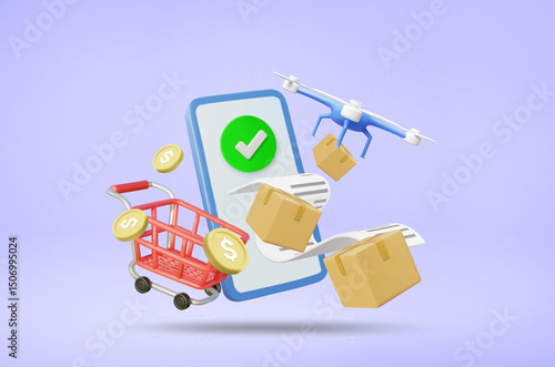 3D Vector Illustration Render of Mobile Phone on Screen with Check Mark and Receipt, Showing Successful Order, with Delivery Drone Flying Holding a Package Box, Shopping Cart and Floating Silver Coins