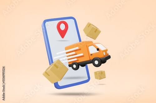 3D Vector Illustration Render of Delivery Truck Leaving Mobile Screen with Pins Showing Destination Location, Floating Boxes Around, Fast Online Delivery Service Concept with Parcel Tracking System.