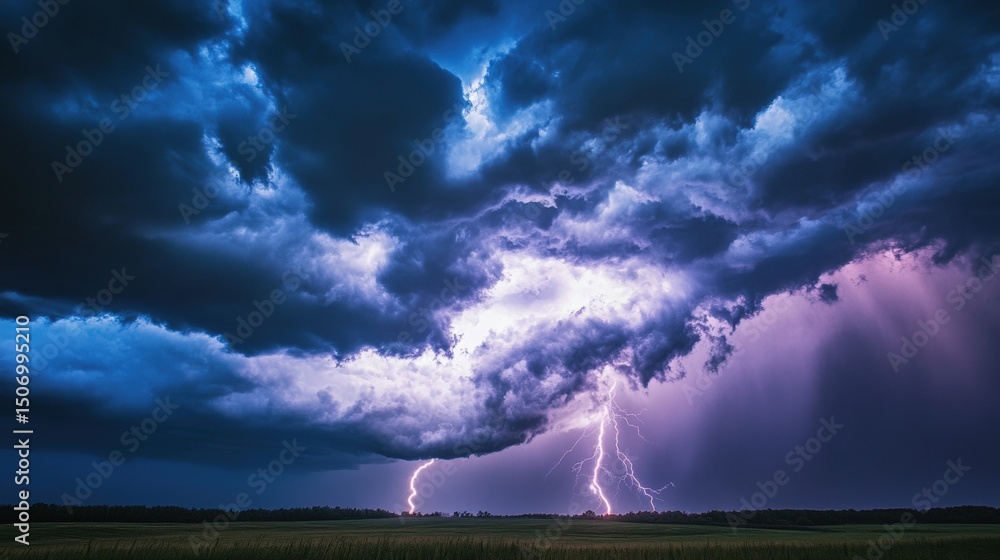 Dramatic lightning strikes illuminate dark stormy sky over green fields at twilight hours Dramatic lightning strikes illuminate dark stormy sky over green fields at twilight hours