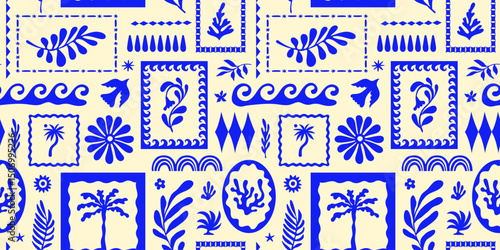 Vector hand drawn seamless pattern graphics with silhouette summer and vacation illustrations, tropical illustrations, frames and borders, fabric and textile design, beach and surf theme

