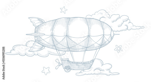 Vector illustration of Dirigible with clouds and stars. Linear drawing of Airship for Baby shower greeting cards or nursery poster. Art of Aerostat in steampunk style for childish invitations.