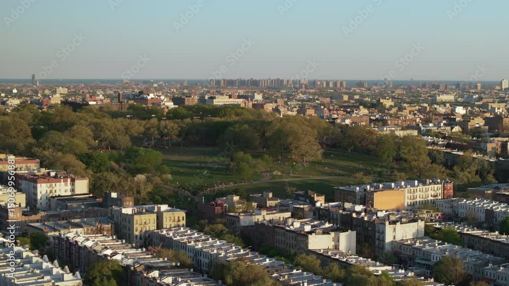 Aerial view of Sunset Park at dusk. Shot in Brooklyn, New York City. Aerial view of Sunset Park at dusk. Shot in Brooklyn, New York City.