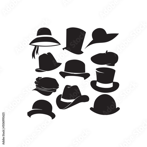 Collection of Classic Hat Silhouettes – Vintage and Modern Styles, set of caps vector black