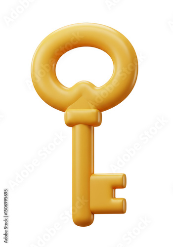 3D Illustration of a Gold Shiny Key for Security Access and Treasure