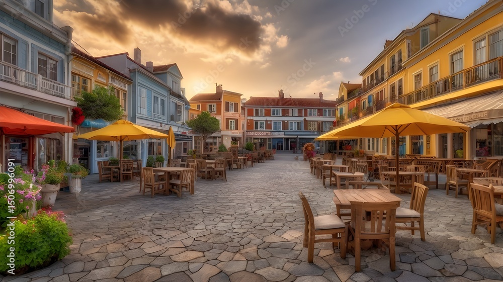 Obraz premium Picturesque Seaside Town Square A Colorful Vision of XL Charm