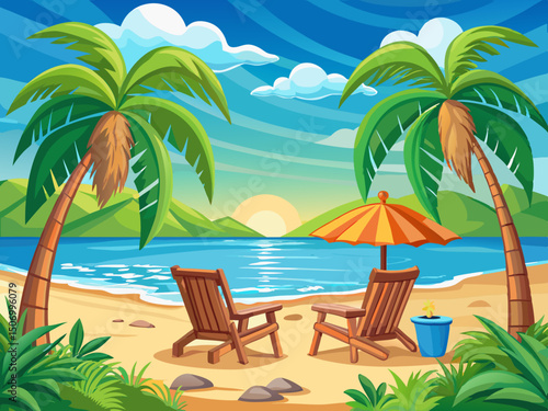 vector of Beach rest with two wooden chairs overlooking the sea. And the beautiful palm tree that beautifies the landscape with its leaves.