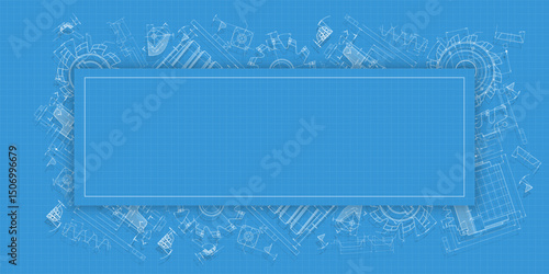 Mechanical engineering drawings on blue background. Cutting tools, milling cutter. Technical Design. Cover. Blueprint. Vector illustration.