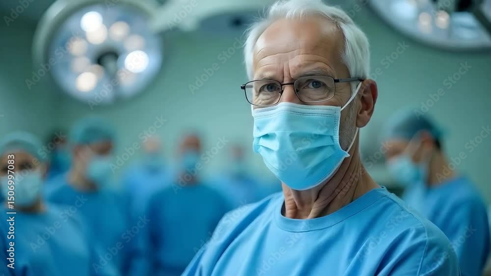 Hospital surgeon with a surgical mask and blue surgical gown in a hospital operating room Hospital surgeon with a surgical mask and blue surgical gown in a hospital operating room