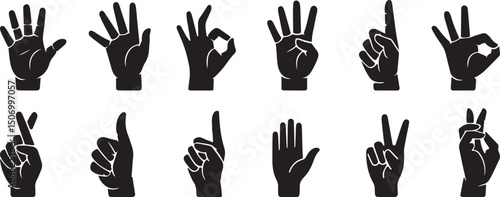Hand vector silhouette, detailed hand gestures, positions, signs. Ideal arm, hands for illustrations, logos, icons.