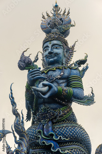 Close-up of a majestic blue guardian deity statue holding a lotus at Wat Rong Suea Ten (Blue Temple) in Chiang Rai, Thailand.