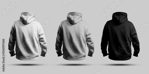 Mockup of white, black, heather hoodie oversize 3D rendering, back view, Men's apparel with shadows, for design, branding. Set