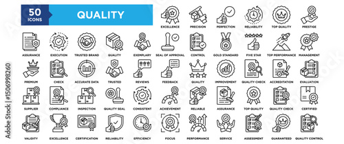 50 Quality icon set. Containing design business, certificate, guarantee, management	