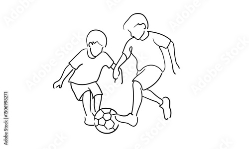 Two boys playing ball continious line drawing. 
Basketball, childhood, competition. Vector illustration