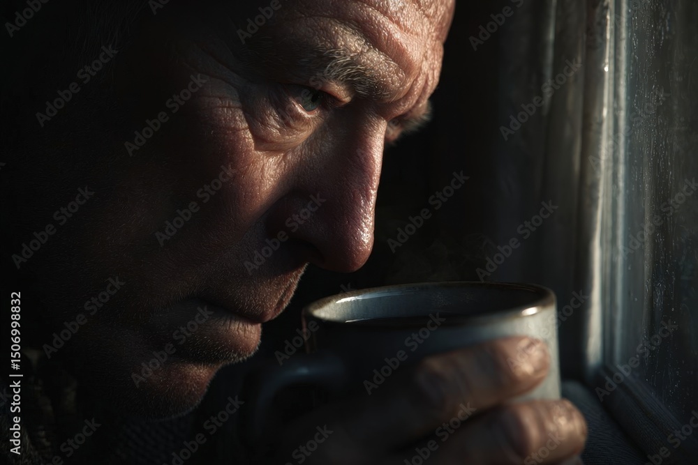 Distraught Man Sitting by Window with Tea at Home Distraught Man Sitting by Window with Tea at Home