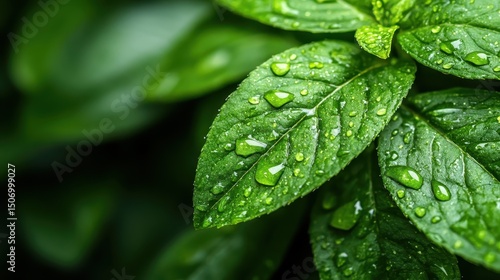 Close-up image of lush green leaves with water droplets glistening, representing vitality, freshness, and the beauty of nature in a serene and peaceful context.