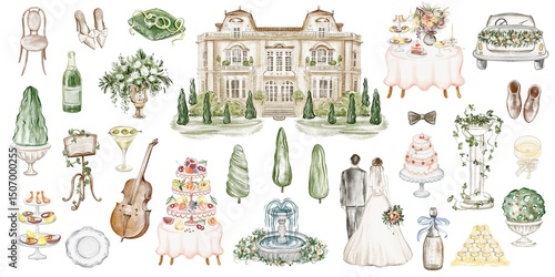 Collection of romantic wedding watercolor elements. Set of villa, champagne, swans, candles, and elegant decorations. Hand drawn clipart for invitations, ceremony designs, and festive celebrations.